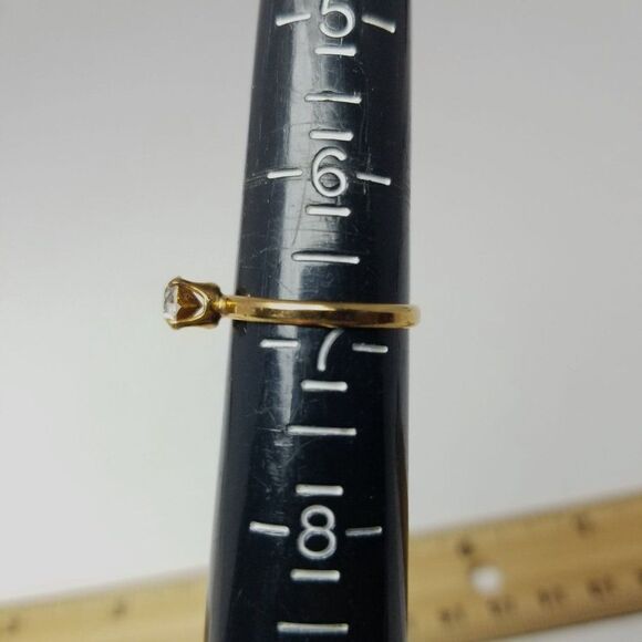 Vintage Solitare Rhinestone Ring, Gold Tone Band, Minimal Stacking Estate - Picture 3 of 5
